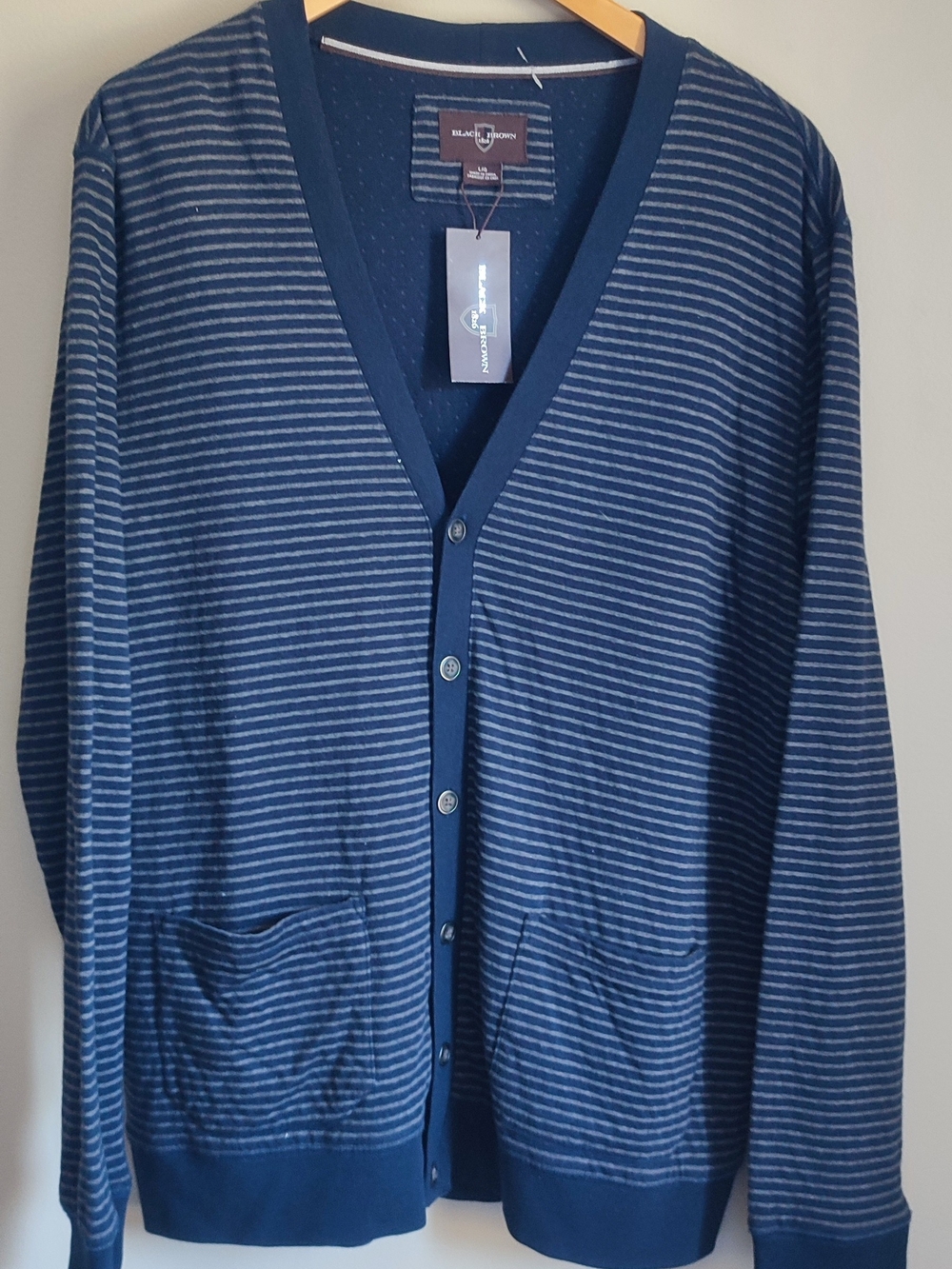 Black Brown 1826 Navy and Light Gray Striped V‑Neck Cardigan
